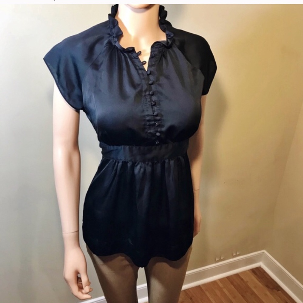Fitted Black Cap Sleeved Tunic, Attached Sash, Buttons,  Ruffle Collar
